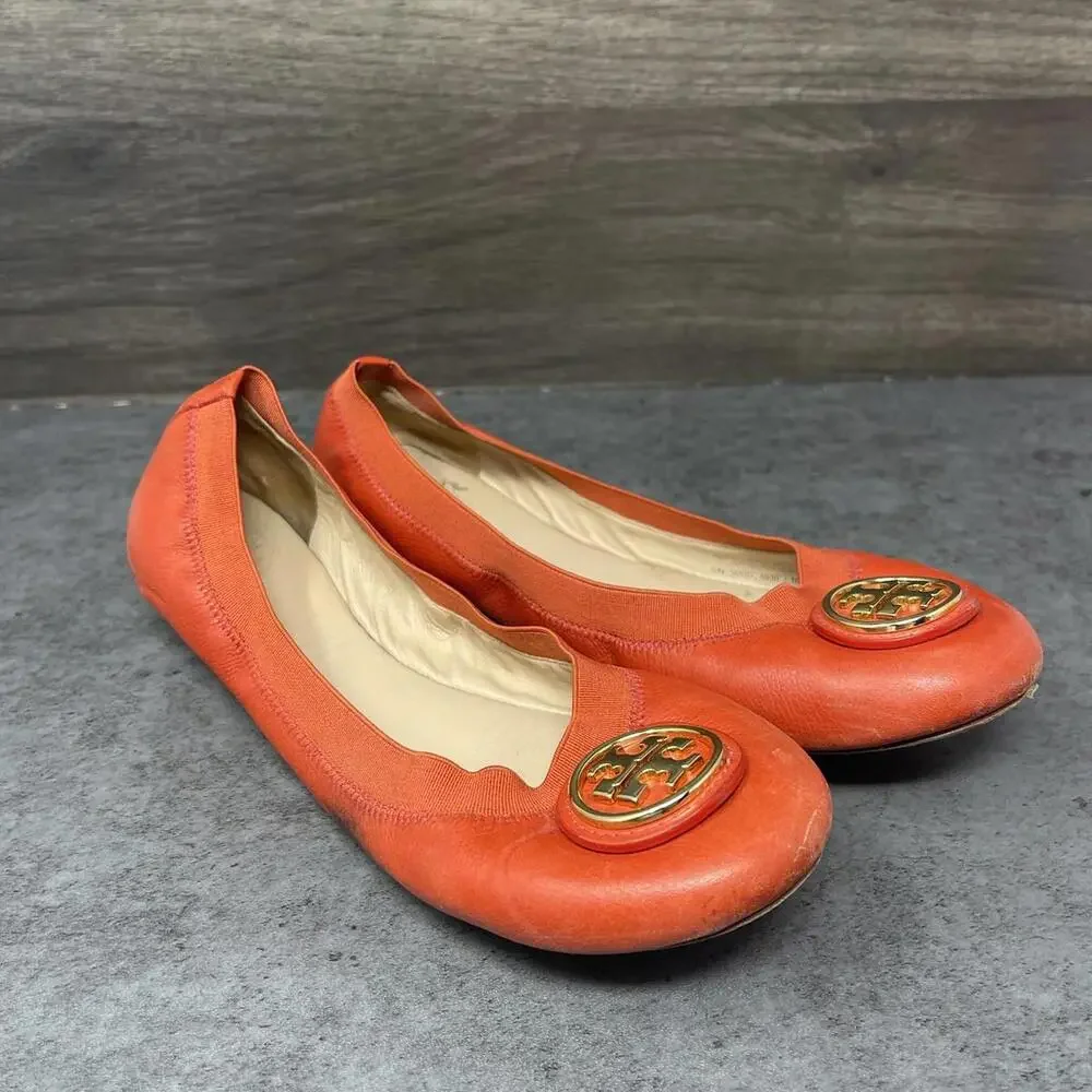 Tory Burch Flats Womens Size 7 Minnie Ballet Orange Leather Slip On Shoes